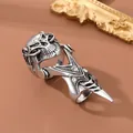 Gothic punk silver skull finger armor ring with movable joints and white crystals - Adjustable Open / J-Distressed Skull Joint Ring