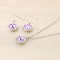 Three-piece silver stainless steel jewelry set with round purple zircon on beige silk - 2-Piece Set (Necklace+Earrings) / Steel Purple