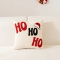 Kerst kussenhoes met HO HO HO borduursel en kerstmuts op beige katoenen linnen stof - HO HO HO Letters-Zonder Kussenvulling