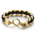 Bracciale teschio dorato con catene in acciaio inossidabile e cordino in pelle nera - Stile Teschio d'Oro (KB46715-D)