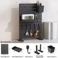 Schwarzes Schreibtisch-Lochwandsystem mit Ablagen, Haken und vertikalem Organizer-Ständer - Schwarzes Stehendes Set 1 / Schwarz