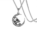 Collana con pendente a luna e teschio stile punk gotico in acciaio argento vintage - Argento + Catena in acciaio inossidabile