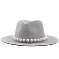 Elegant grey straw fedora hat for women with decorative large white pearl chain band - M (56-58cm) / Gray