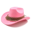 Close-up of hot pink felt cowboy hat with bohemian braided band and metal chain detail - M (56-59cm) / Hot Pink