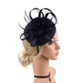 Detail of navy blue fascinator with large floral fabric rose and elegant long feathers - Navy Blue