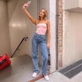 Pink satin camisole with blue high-waisted straight leg denim pants and bow detail - S / Blue