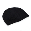 Detail of black knit beanie featuring vertical ribbed texture and a soft side flower - One Size / Black