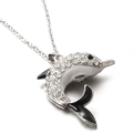 Silver dolphin pendant necklace with black enamel accents and pavé-set sparkling crystals - Silver-Black Dolphin