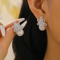 Elegant silver flower pearl drop earrings with zircon crystals for women - Flower Water Drop Pearl Dangle (8518)