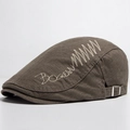 Men's dark brown cotton beret featuring white artistic embroidery and metal side buckle - Adjustable (55-59cm) / Brown