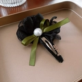Elegant black lace orchid hair claw clip with white pearl and green ribbon bow decoration - No.43 BB Clip-Black Flower