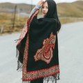Ethnic style black cashmere shawl with red paisley print and tassel trim for travel - Black Paisley