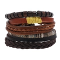 Detail shot of 6-piece multi-layer men's braided leather and wood bead bracelet set - RH257-3 (Brown Multi-layer Set)
