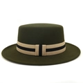 Retro dark olive wool fedora hat with a flat top and striped band accessory - One Size 58cm Circumference / Army Green