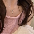 Silver key pendant necklace with a single white pearl bead on elegant link chain - Key Pearl Style (XL2398)