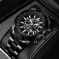 Men's fashion steel sport watch with luminous triple-dial chronograph and date display - Silver Face Black Chain