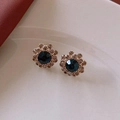 Vintage gold stud earrings with round blue gemstone and champagne crystal halo - 9# Silver Earring Post - Gold - Flower