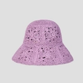 Detail of purple handmade crochet straw hat with hollow floral texture and wavy brim - M(56-58cm) / Light Purple
