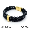 Men's double-layer leather and black bead bracelet with golden cross magnetic clasp - Black Agate-Gold Clasp (Cross)