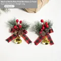 Christmas bow decoration with red black plaid pattern, pine cones and golden bells set - Linen Color with Gold Bells Bow 2pcs
