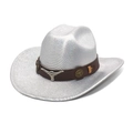 Glossy silver cowboy hat with bull head ornament and brown leather band on white background - Silver / M(56-58cm)