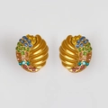 Detailed shot of vintage gold spiral earrings with colorful emerald cut zircon stones - Colorful