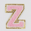 Pink chenille embroidered letter Z patch with gold glitter borders and white felt backing - Letter Z