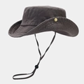 Detalle de un sombrero para el sol color topo con ala ondulada y botones de bronce - Talla única / Gris