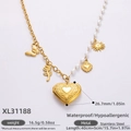 18k gold stainless steel necklace with white pearls and heart locket pendant - Pearl Stitching Necklace (XL31188)