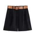Detail of black wide-leg shorts featuring a khaki woven belt and round buckle - XS / Black