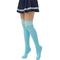 Sky blue over-knee socks with white triple stripes and matching navy pleated skirt - L (Height 52cm) / Lake Blue with White Stripes