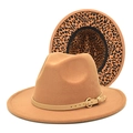 Camel wide brim fedora with leather band and leopard print lining shown in two views - M(56-58cm) / Camel