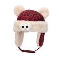 Winter leopard print kids hat with cute ears and warm fleece lining in red and black - Dark Red Cartoon Eyes Style (Dark Red B)