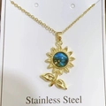 Golden stainless steel sunflower necklace with a celestial blue stone pendant - 389-8 Daisy Starry Sky Necklace - Gold