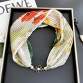 Floral pleated silk scarf necklace with orange flowers and pearl magnetic buckle - Rose Buckle-Orange Flowers / 37cm