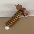 Brown spiral hair tie with matching fabric bow and elegant white pearl detail - Coffee [Fabric Bow]