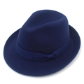 Detail shot of navy blue wool felt fedora with a matching grosgrain ribbon bow - Dark Blue