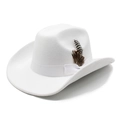 Detail of white felt fedora hat featuring a natural brown spotted feather decoration - M (56-58cm) / White