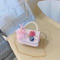 Pink tweed crossbody bag for girls with cute rabbit doll and pearl handle strap - Rabbit Pink