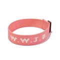 Detailed view of pink woven WWJD wristband with white lettering and black buckle - Pink Print