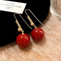 Detail of gold zircon earrings featuring a large glossy red bead on soft background - Large Bead Ear Hooks (21#)