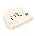 Close-up of bear embroidery and blue label on cream rib-knit beanie hat for winter - Off White