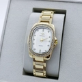 Elegant gold quartz watch with oval crystal bezel and white sunray dial for women - Gold White
