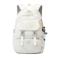 Cream student backpack with gray cartoon bear print and decorative plush pendant - White (with Pendant)