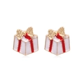 Christmas gift box stud earrings in gold alloy with red and white enamel detailing - Gift Box 3