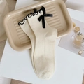 Cream knit calf socks with black ruffled edges and satin bows in Japanese sweet style - One Size / Beige with Black Bow