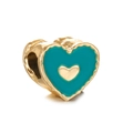 Macro shot of a teal enamel heart charm with polished gold plating for DIY bracelets - KC Gold Blue