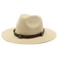 Chapeau de paille beige à large bord avec ceinture en cuir cloutée vintage pour l'été - M (56-58cm) / Poche zippée