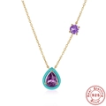 S925 sterling silver gold necklace with purple teardrop zircon and green enamel pendant - Gold-Dark Fuchsia Zirconia