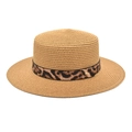 Cappello di paglia francese a cima piatta con fascia leopardata per protezione solare - M (56-58cm) / Cammello